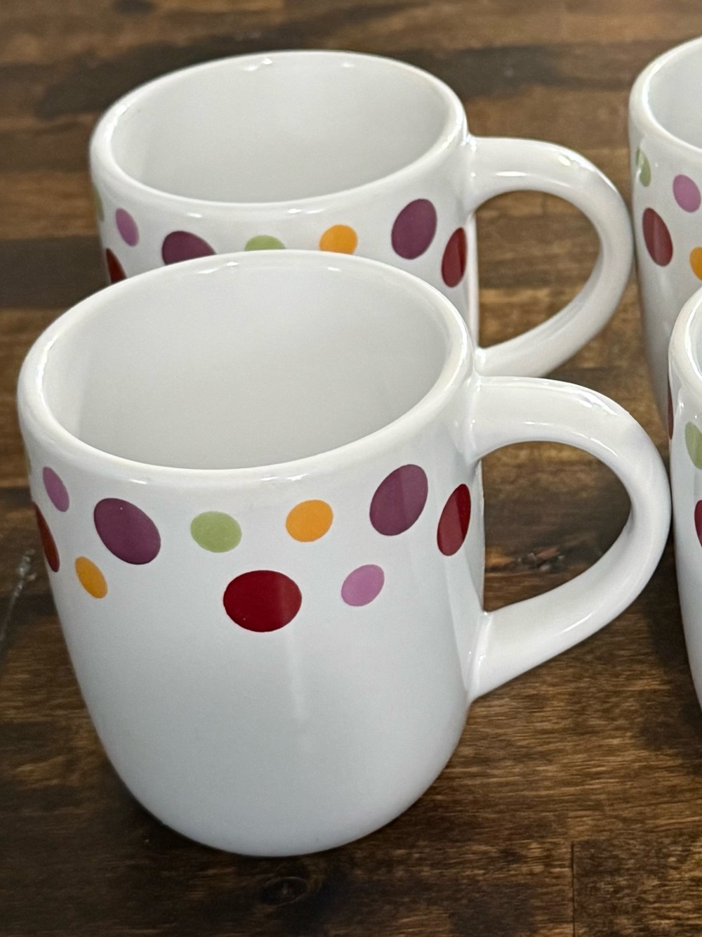 Pampered Chef White Ceramic Mugs with Multicolor Dot Pattern - Set of 4
